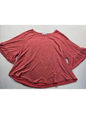 New Direction Curvy 3X Womens Pink Red Textured Ruffle Sleeve Top
